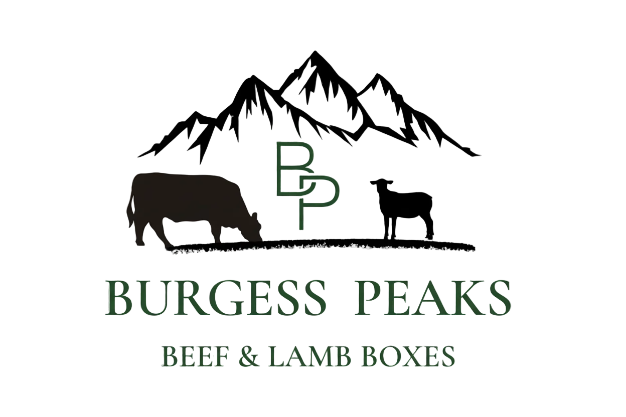 Logo of Burgess Peaks with silhouette of a cow and sheep against a mountain background